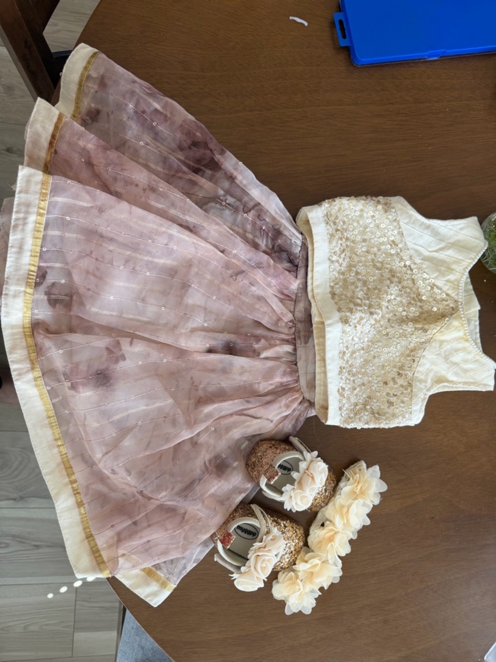 Infant: Cream and Purple lehenga with Pearl Trim